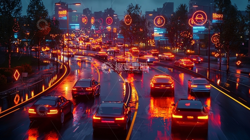 高清大图下载【趣麦麦图】雨夜城市车流涌动