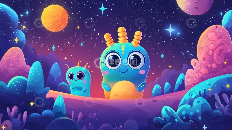高清大图下载【趣麦麦图】可爱外星生物在星空背景下