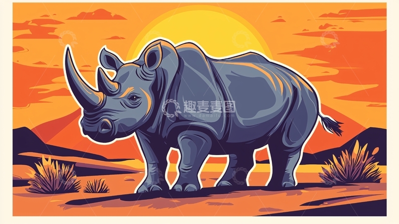 高清大图下载【趣麦麦图】日落背景下的犀牛