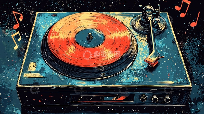 高清大图下载【趣麦麦图】黑胶唱片在星空中旋转
