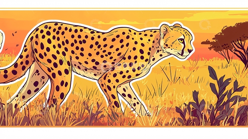 高清大图下载【趣麦麦图】猎豹草原夕阳剪影插画