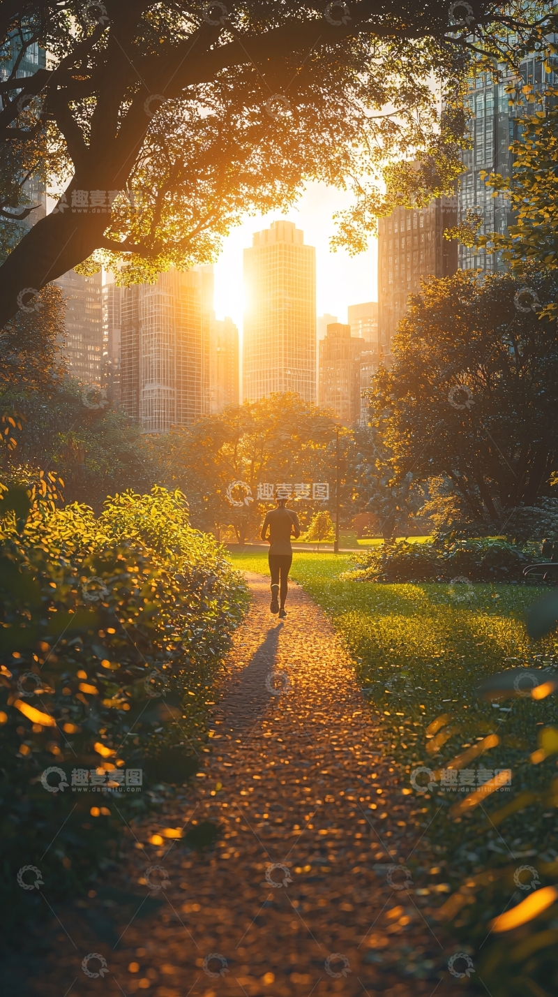 高清大图下载【趣麦麦图】公园日出跑步