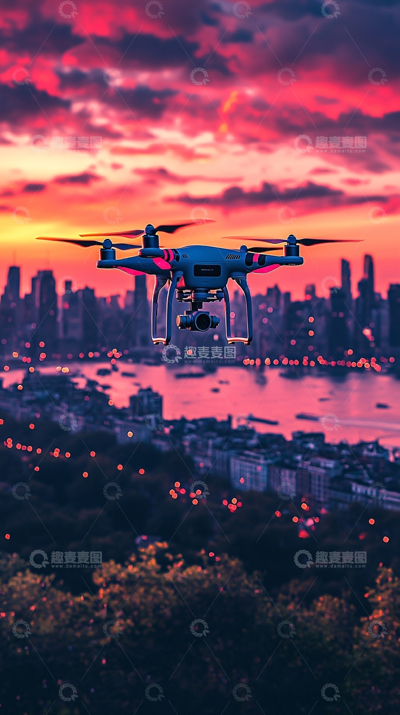 高清大图下载【趣麦麦图】城市天际线上的无人机