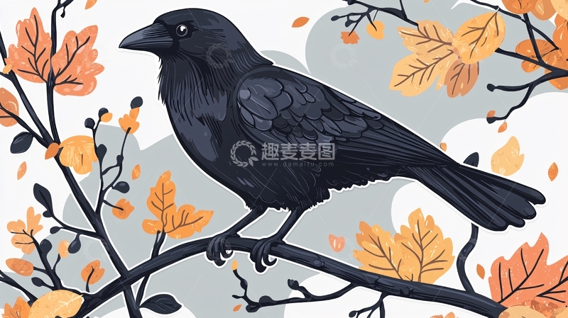 高清大图下载【趣麦麦图】乌鸦栖息在秋叶枝头