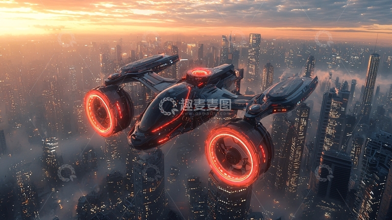 高清大图下载【趣麦麦图】未来感飞行器在城市上空