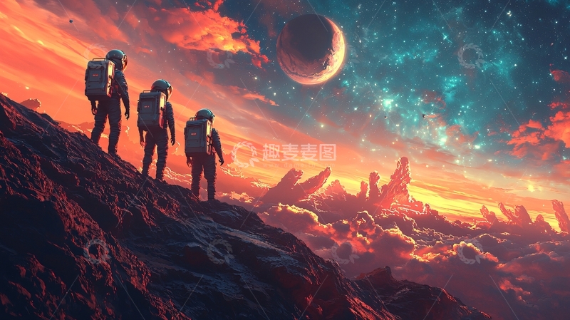 高清大图下载【趣麦麦图】宇航员在星球行走仰望星空