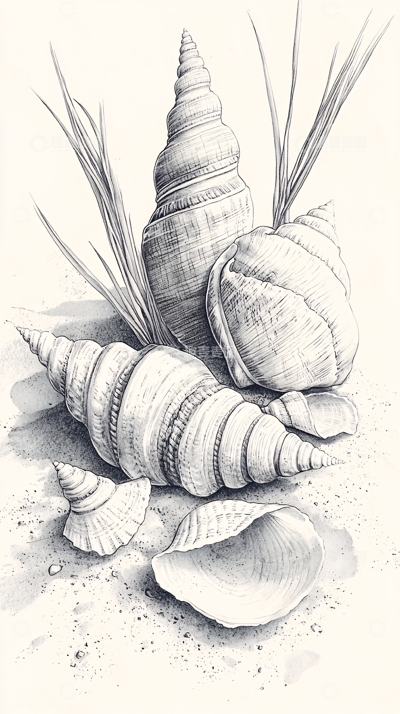 高清大图下载【趣麦麦图】螺旋贝壳在沙滩上的素描