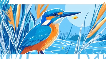 蓝色彩绘翠鸟捕鱼图