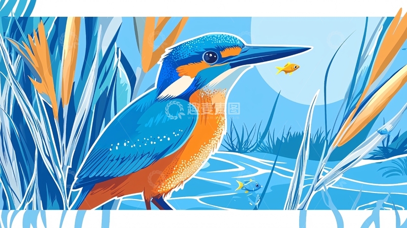 高清大图下载【趣麦麦图】蓝色彩绘翠鸟捕鱼图