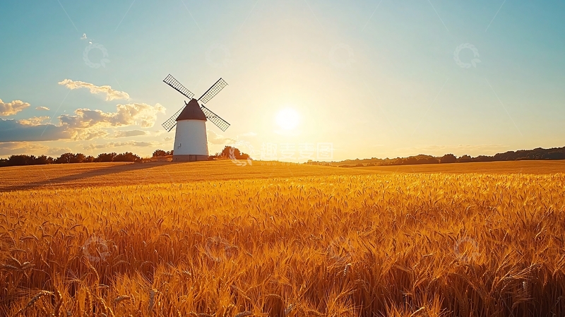 高清大图下载【趣麦麦图】金色的麦田和风车在夕阳下