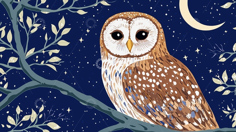 高清大图下载【趣麦麦图】夜空树枝上仓鸮