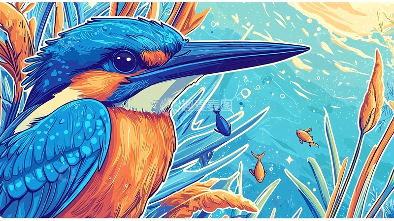 高清大图下载【趣麦麦图】蓝绿色调翠鸟捕鱼图
