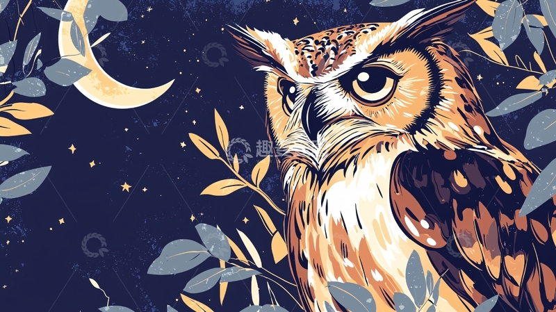 高清大图下载【趣麦麦图】夜间森林猫头鹰插画