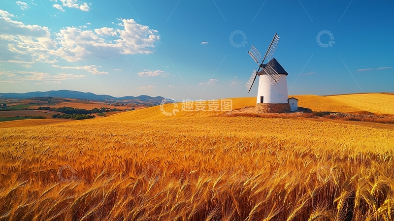 高清大图下载【趣麦麦图】金黄麦田里的风车