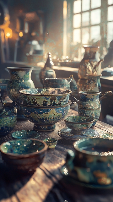 光影下的精美瓷器
