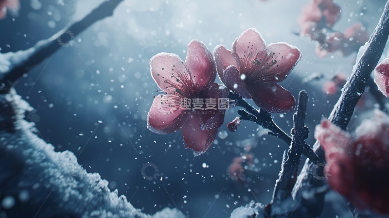 高清大图下载【趣麦麦图】雪中桃花