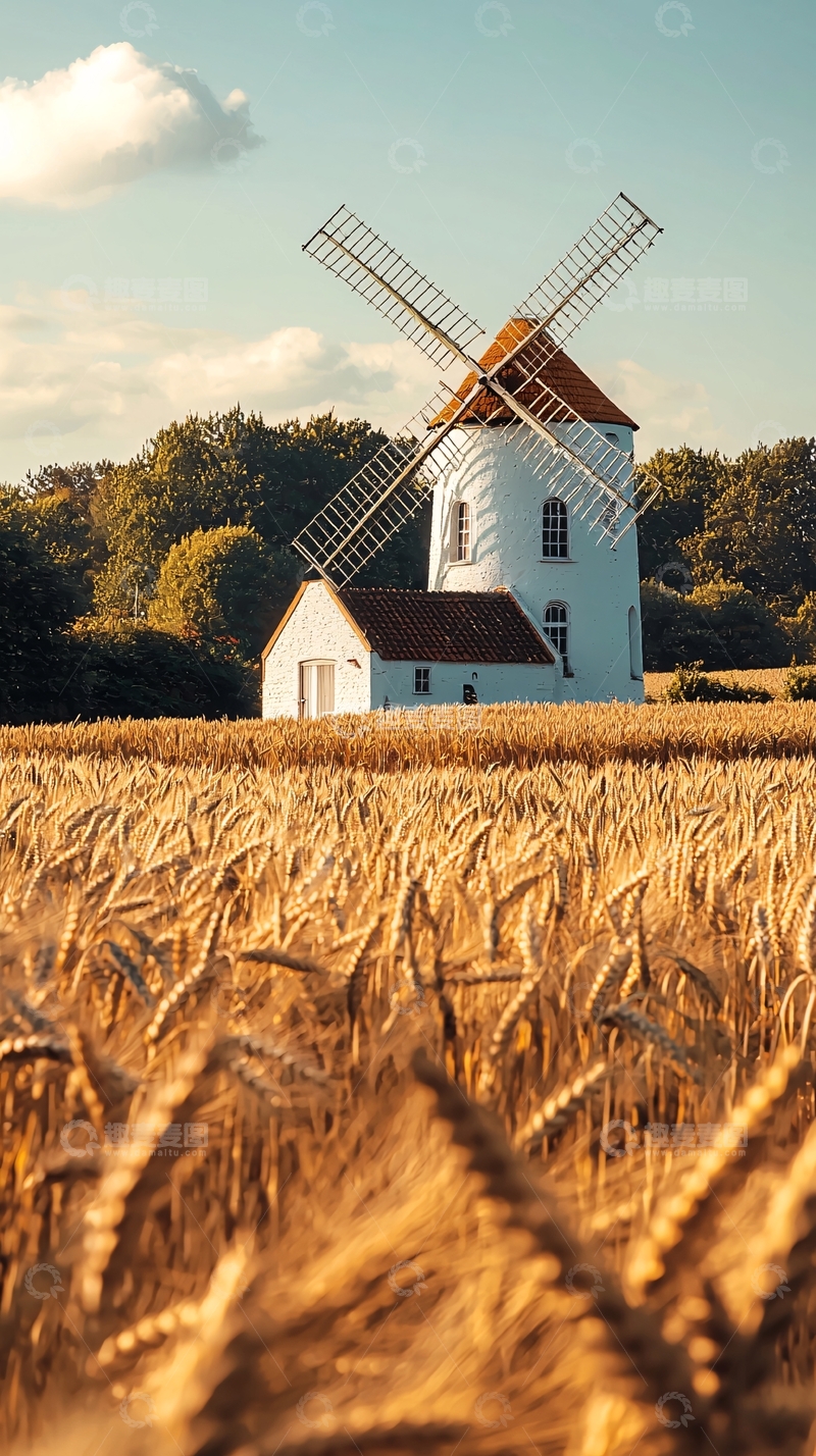 高清大图下载【趣麦麦图】金色麦田中的风车