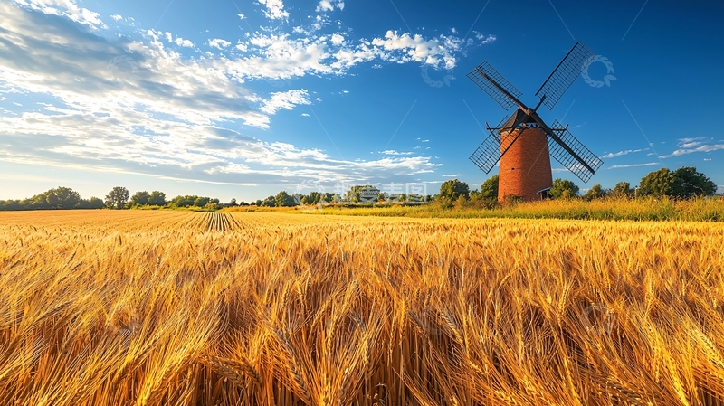 高清大图下载【趣麦麦图】金黄麦田中的风车