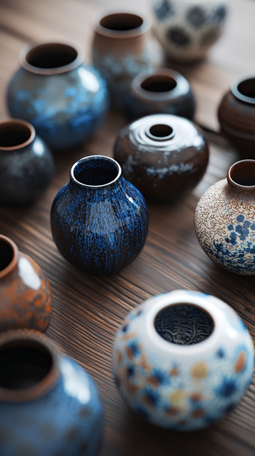 木质桌面上的各种陶瓷小瓶
