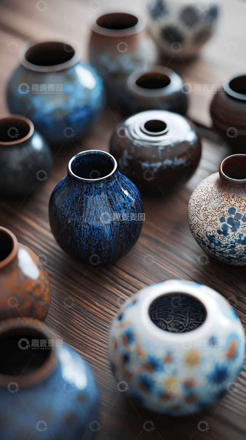 高清大图下载【趣麦麦图】木质桌面上的各种陶瓷小瓶