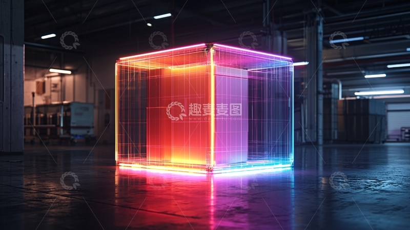 高清大图下载【趣麦麦图】霓虹灯光照亮的透明立方体