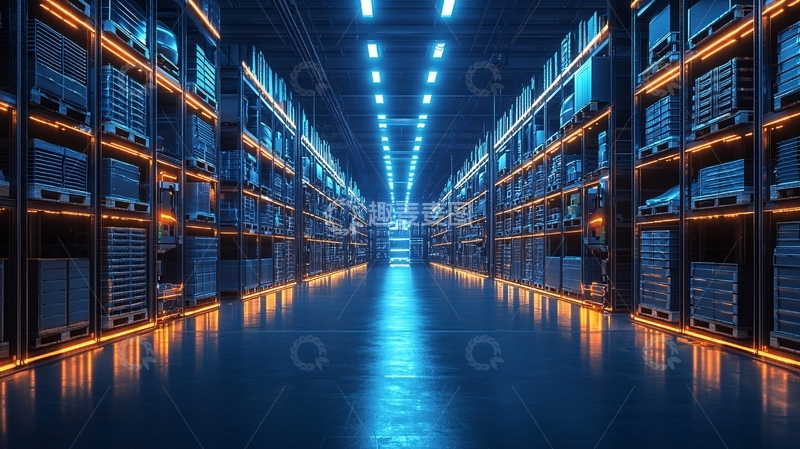 高清大图下载【趣麦麦图】仓库内部蓝色灯光科幻感