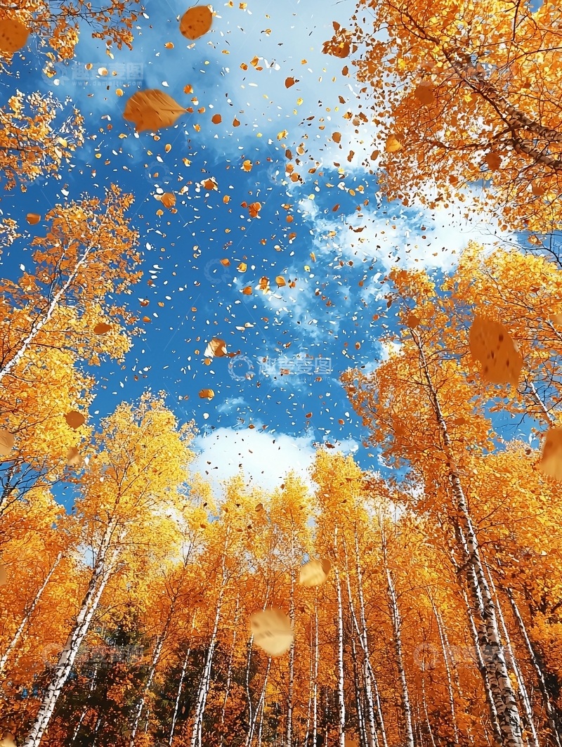 高清大图下载【趣麦麦图】金黄树叶飘落的秋日天空
