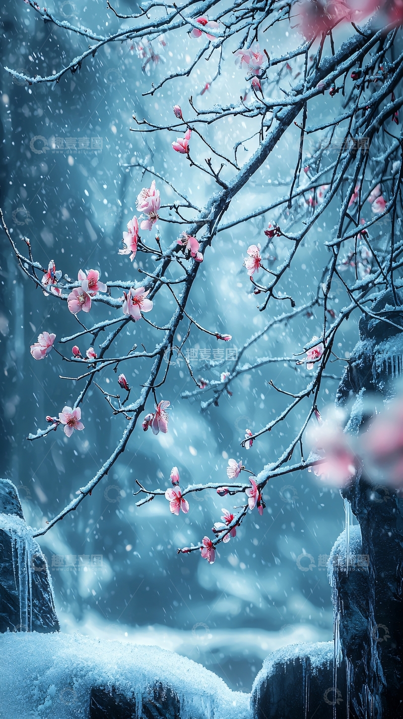 高清大图下载【趣麦麦图】-雪中粉红梅花
