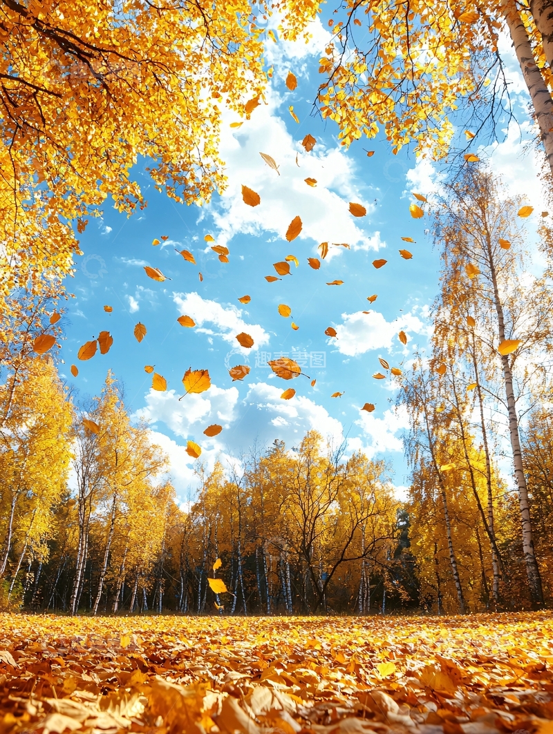 高清大图下载【趣麦麦图】金黄色落叶下的天空