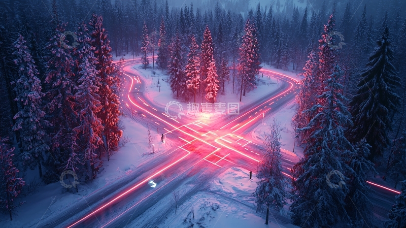 高清大图下载【趣麦麦图】冬日森林中红色光路蜿蜒