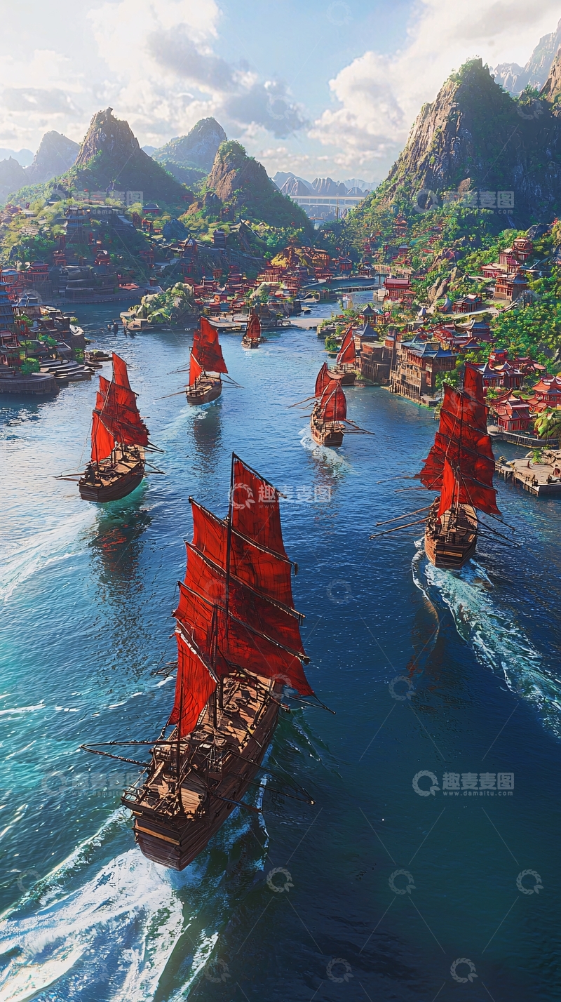 高清大图下载【趣麦麦图】红帆船队航行山间峡湾