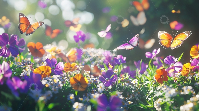 高清大图下载【趣麦麦图】阳光下飞舞的蝴蝶和鲜花