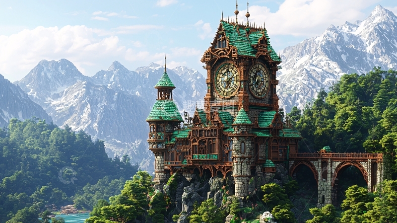 高清大图下载【趣麦麦图】山顶绿顶钟楼城堡