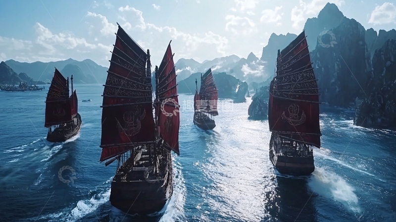 高清大图下载【趣麦麦图】红帆船队航行于海面