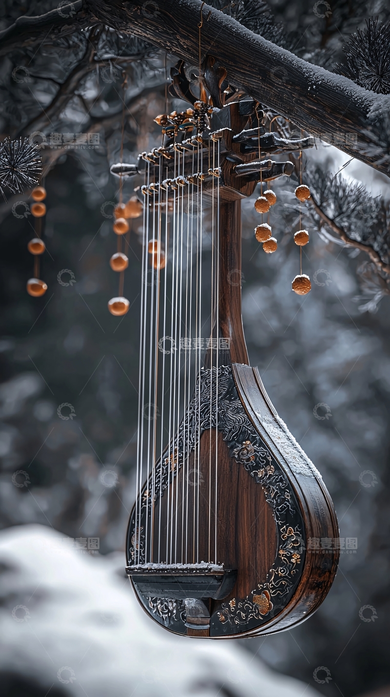 高清大图下载【趣麦麦图】古琴挂在树枝上