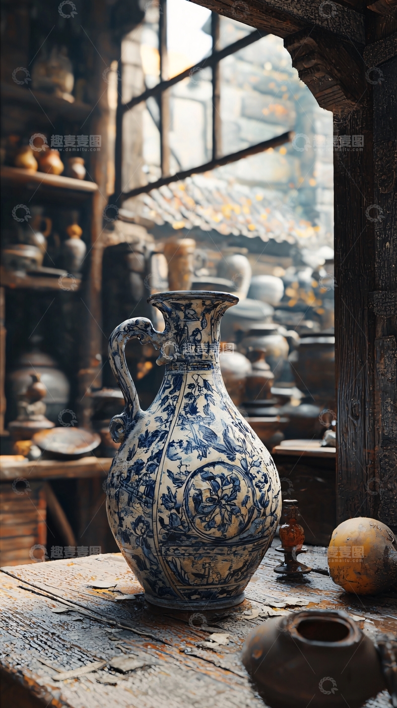 高清大图下载【趣麦麦图】古色古香的青花瓷花瓶