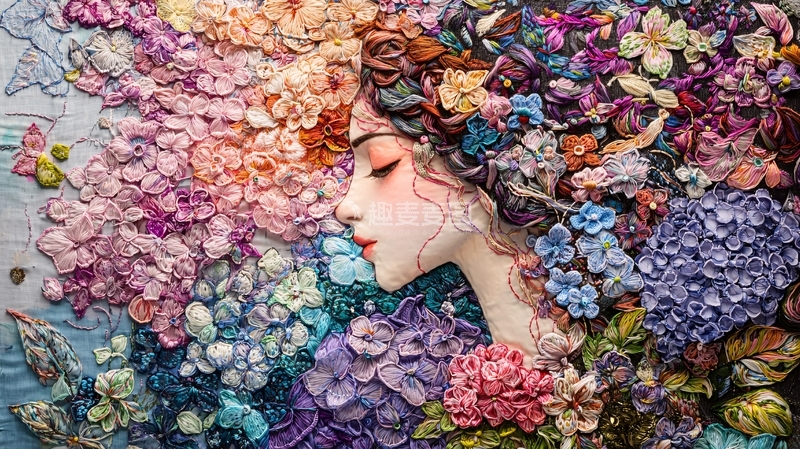 高清大图下载【趣麦麦图】彩色花朵环绕女子侧脸