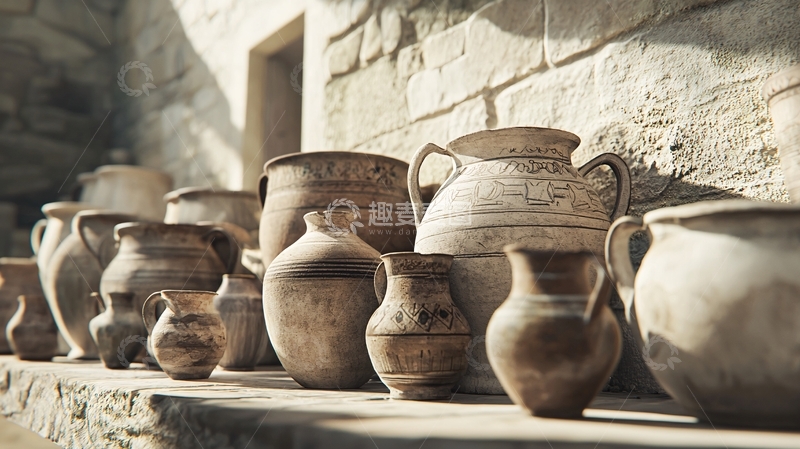 高清大图下载【趣麦麦图】阳光下排列的陶罐