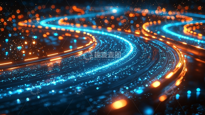 高清大图下载【趣麦麦图】蓝色橙色光点组成数据流