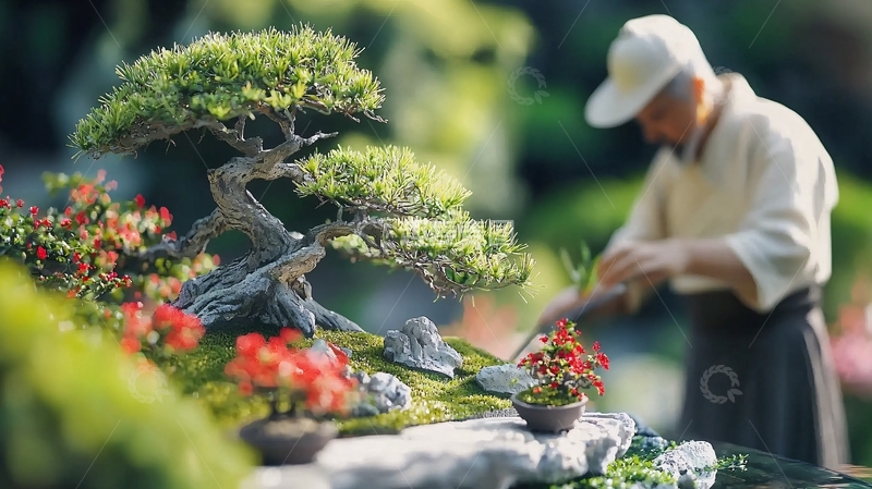 高清大图下载【趣麦麦图】老人修剪盆景