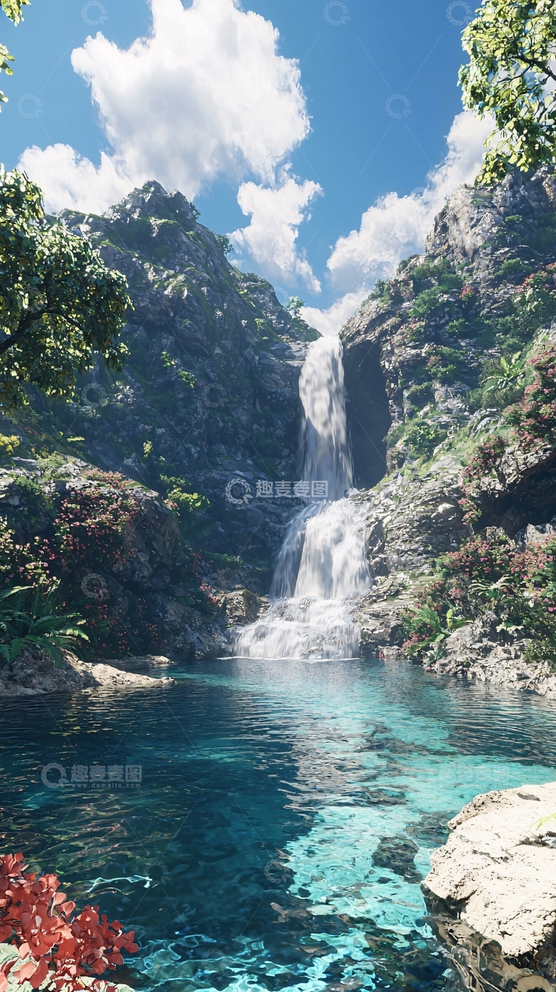 高清大图下载【趣麦麦图】山谷瀑布清澈溪流