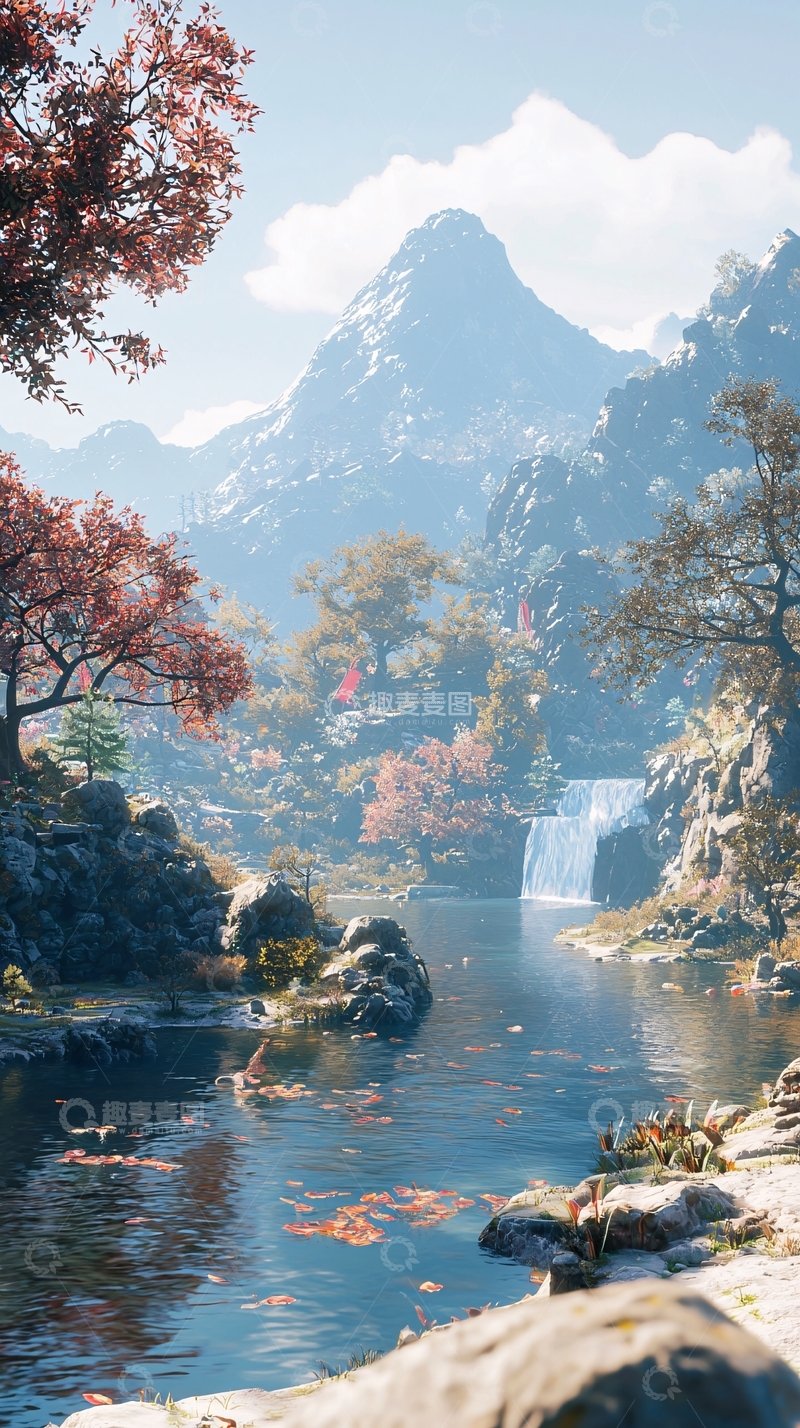 高清大图下载【趣麦麦图】山间瀑布秋景