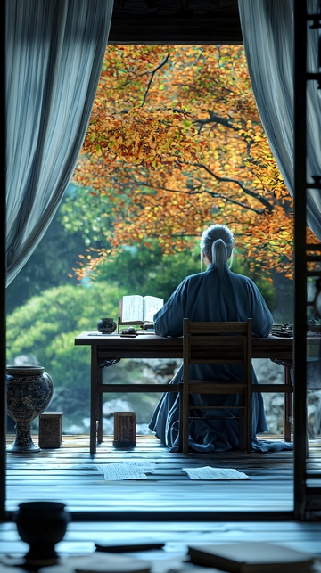 秋日窗边读书老人