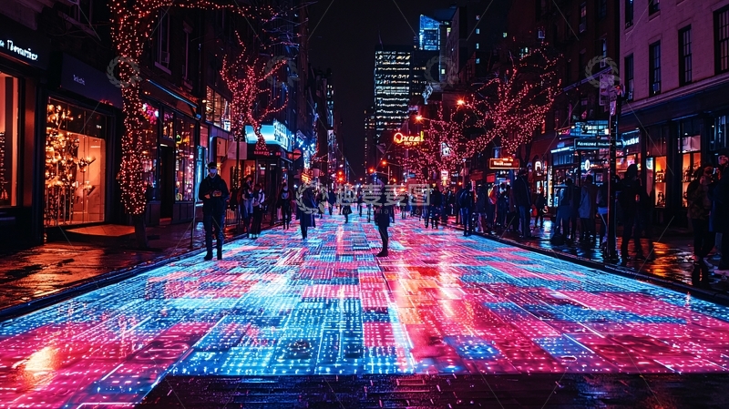 高清大图下载【趣麦麦图】夜间城市街道的数字灯光艺术