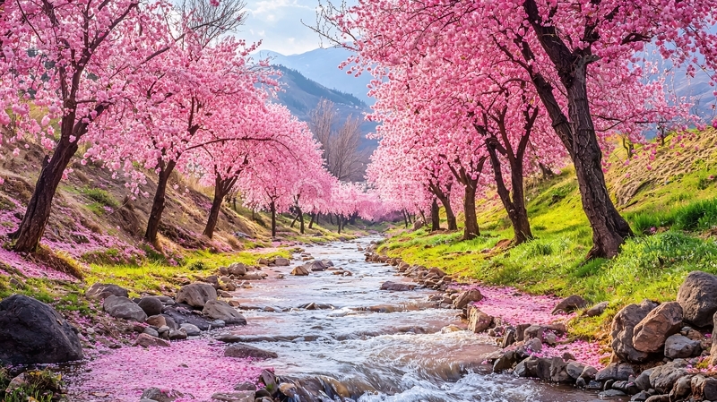 高清大图下载【趣麦麦图】粉红色的樱花树与溪流