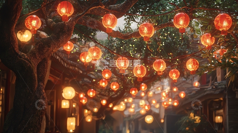 高清大图下载【趣麦麦图】树上悬挂的红色灯笼