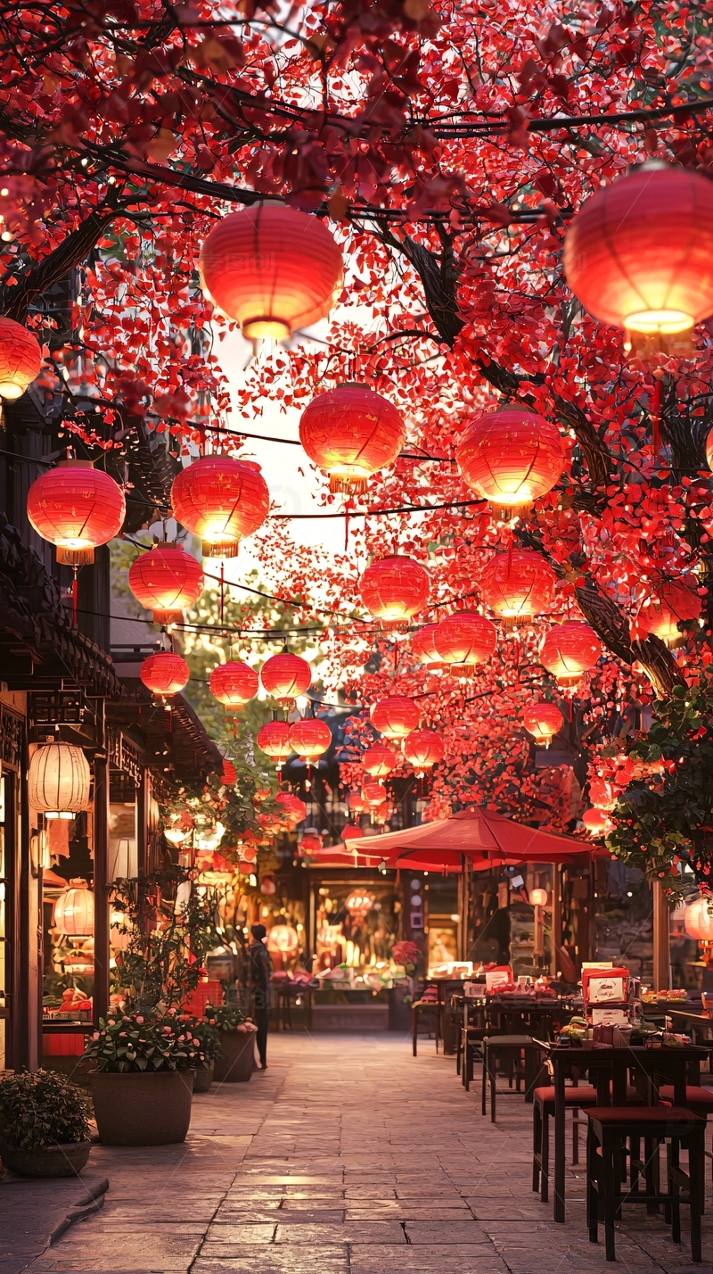 高清大图下载【趣麦麦图】红灯笼下的古街夜景