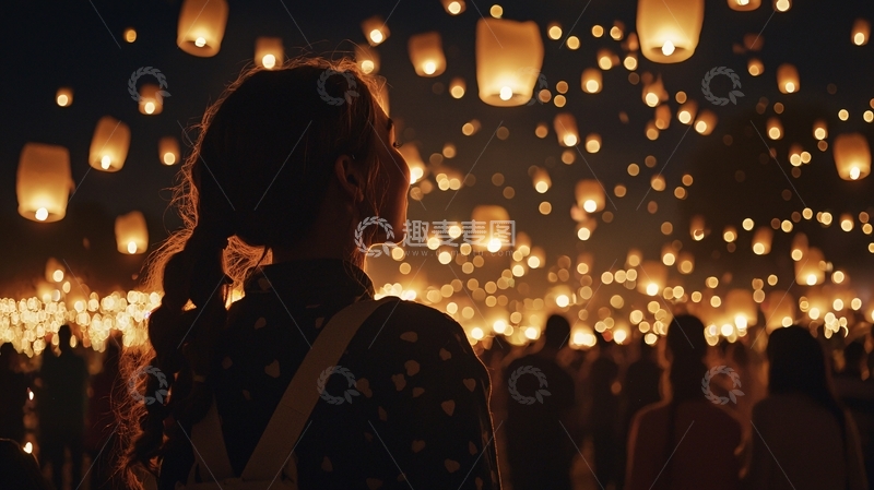 高清大图下载【趣麦麦图】夜空飞舞的许愿灯