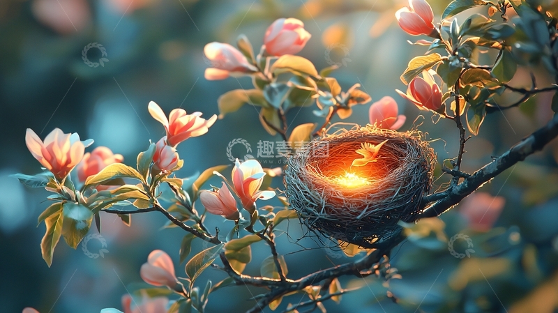 高清大图下载【趣麦麦图】鸟巢花丛中发光的蛋