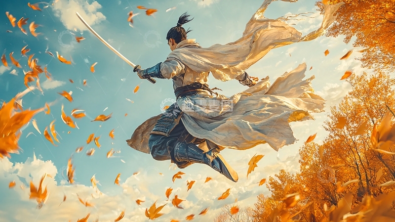 高清大图下载【趣麦麦图】飞跃秋叶的武士
